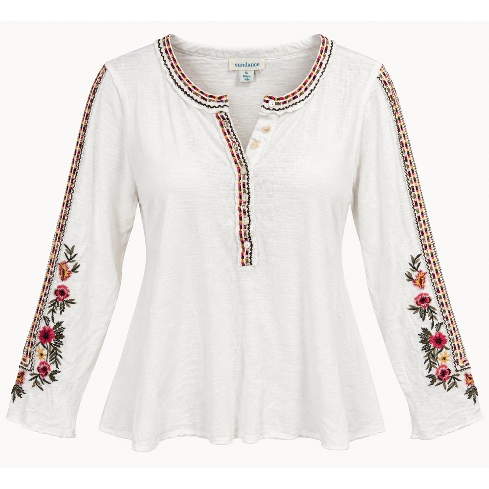 Sundance Embroidered Floral Slub Knit Henley Top White XL Long Sleeve Boho